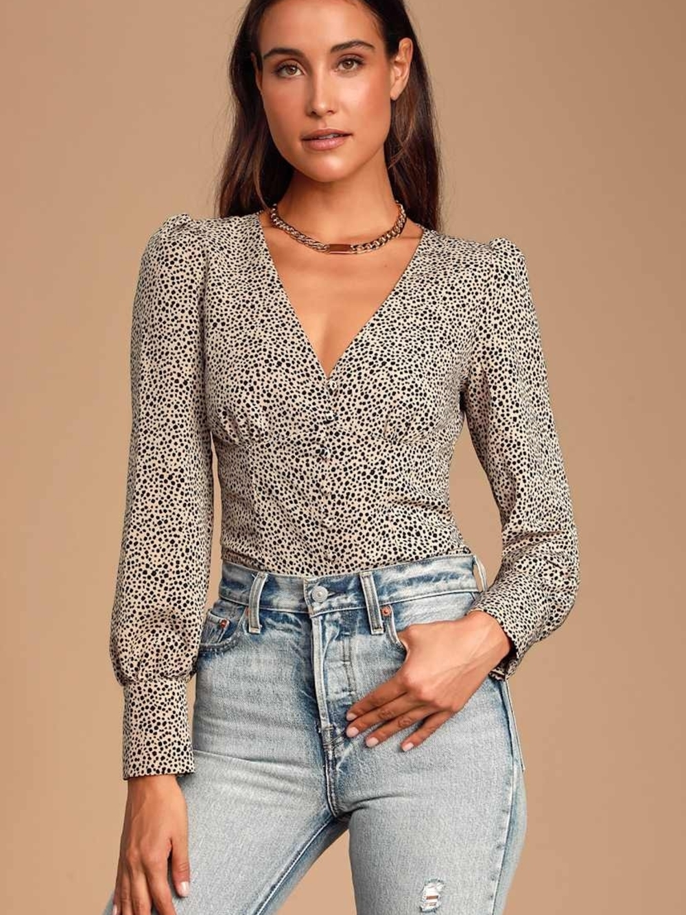V-Neck Long Sleeve Dot Print Top in Cream and Black